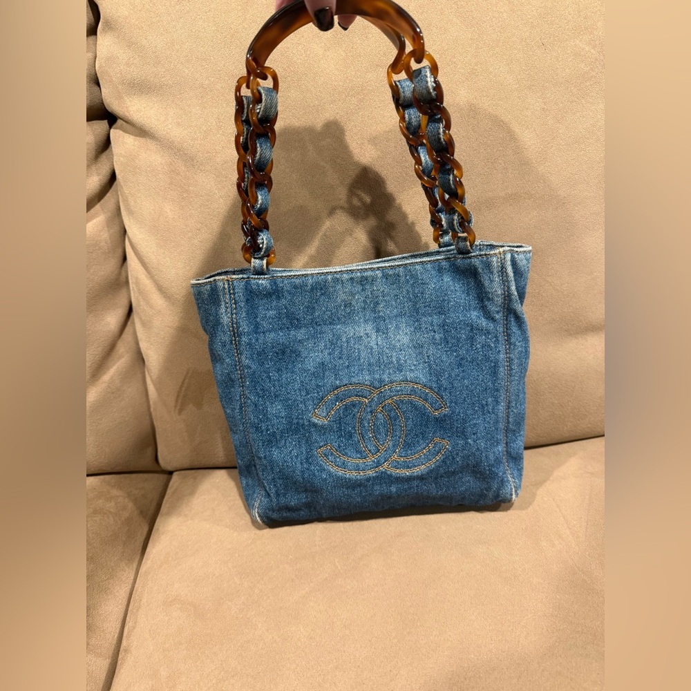 Chanel Vintage Denim Tote Plastic Chain Handle Bag comes with COA